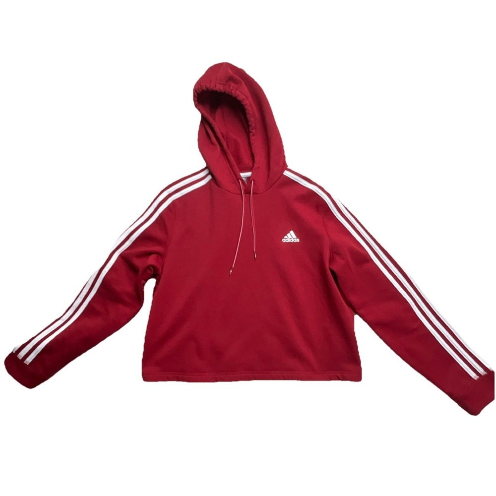 Adidas Women's Red Hoodie 3-Stripes Pullover Sweatshirt Athletic Casual Size L